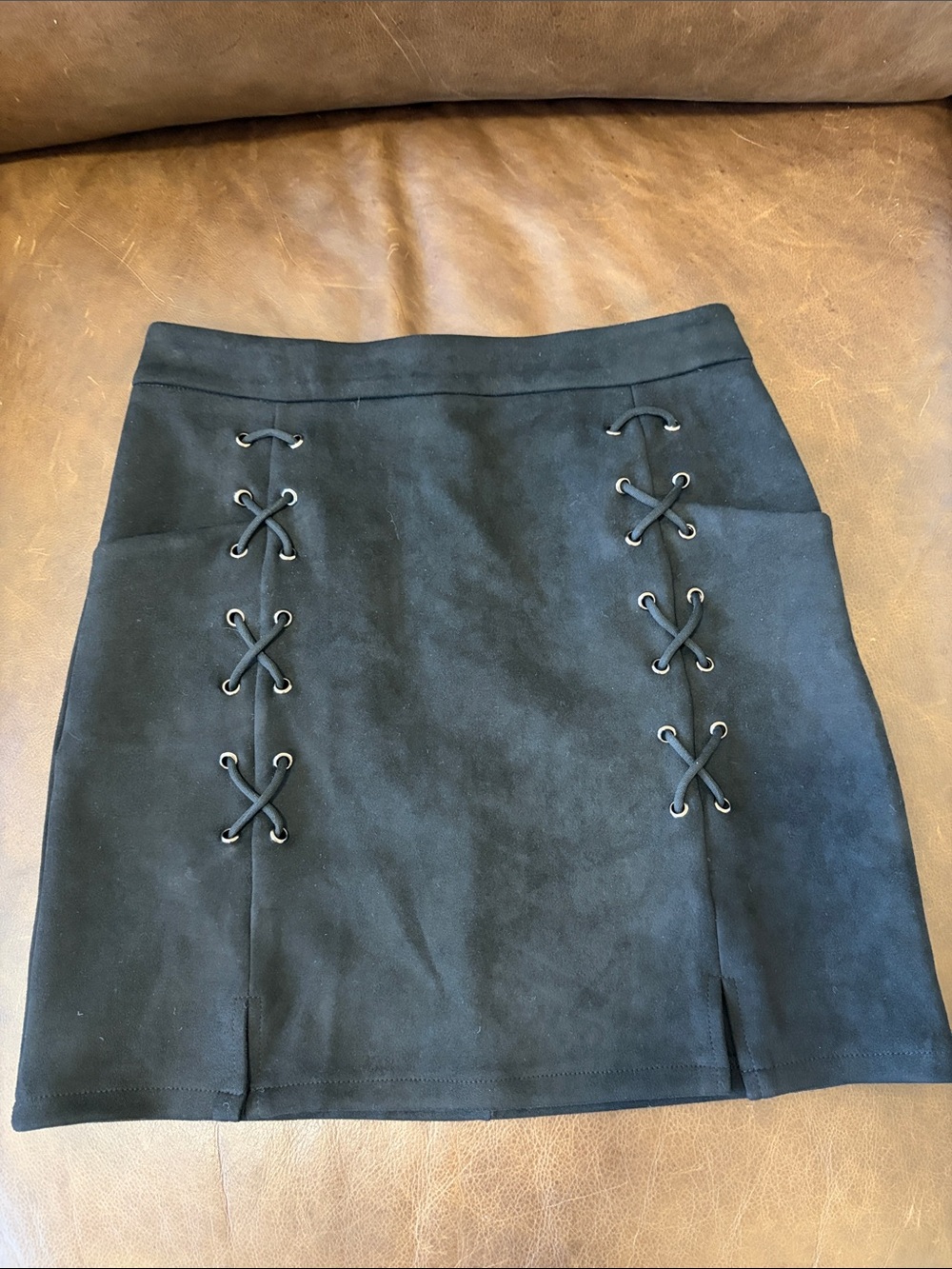 Black Lace-Up Suede Mini Skirt